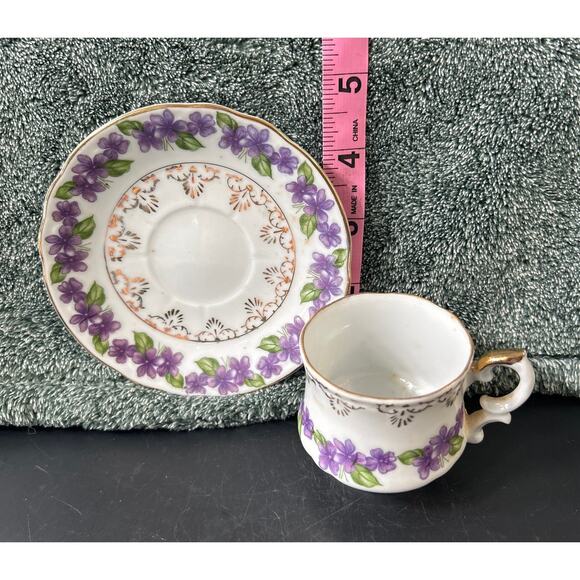 Vintage Inarco Japan Demitasse Cup And Saucer Set Violets Gold Accent - Picture 12 of 13